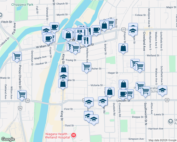 map of restaurants, bars, coffee shops, grocery stores, and more near 208 Hellems Avenue in Welland