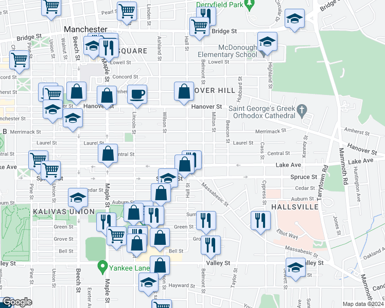 map of restaurants, bars, coffee shops, grocery stores, and more near 335 Laurel Street in Manchester