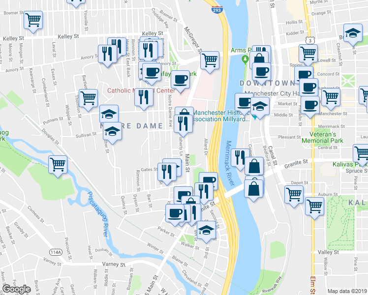 map of restaurants, bars, coffee shops, grocery stores, and more near 157 Notre Dame Avenue in Manchester