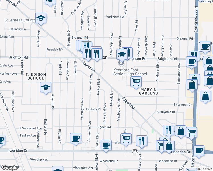map of restaurants, bars, coffee shops, grocery stores, and more near 2669 Eggert Road in Tonawanda
