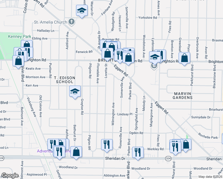 map of restaurants, bars, coffee shops, grocery stores, and more near 286 Wilmington Avenue in Tonawanda