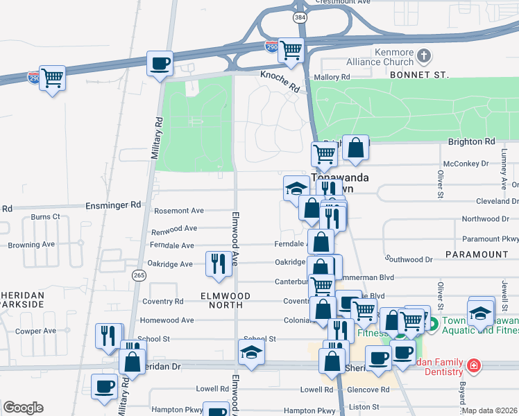map of restaurants, bars, coffee shops, grocery stores, and more near 106 Waverly Avenue in Buffalo