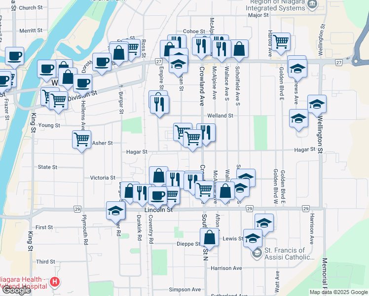 map of restaurants, bars, coffee shops, grocery stores, and more near in Welland