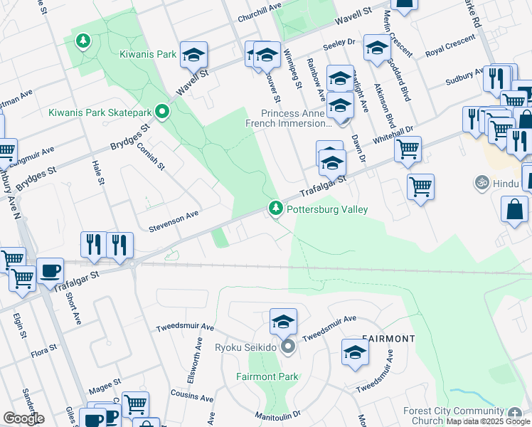 map of restaurants, bars, coffee shops, grocery stores, and more near 1613 Trafalgar Street in London