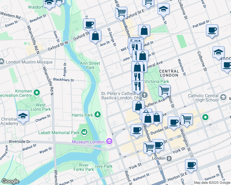 map of restaurants, bars, coffee shops, grocery stores, and more near 0000 Albert Street in London