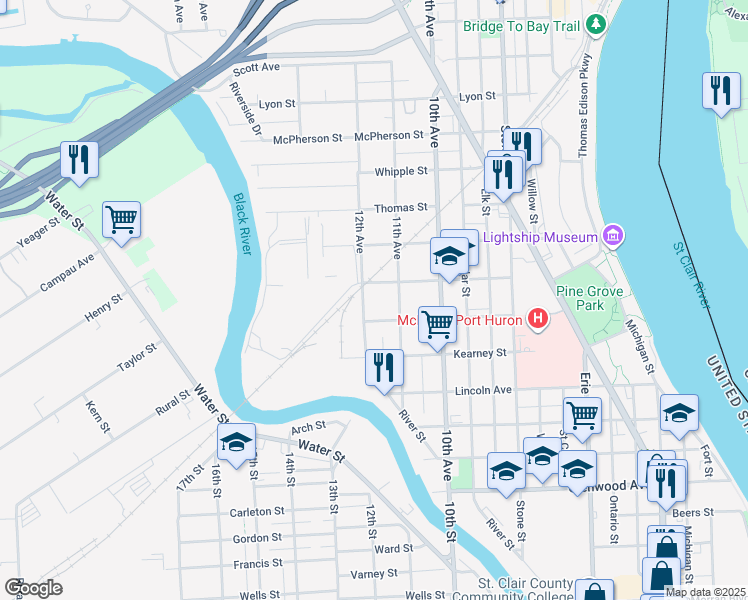 map of restaurants, bars, coffee shops, grocery stores, and more near 1530 Washington Avenue in Port Huron