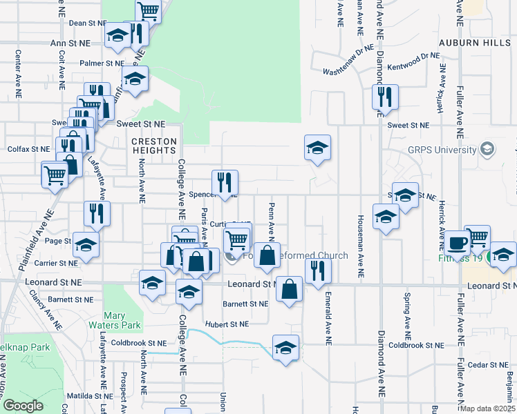 map of restaurants, bars, coffee shops, grocery stores, and more near 1375 Ashland Avenue Northeast in Grand Rapids