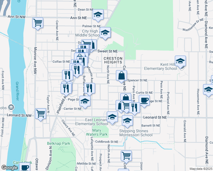 map of restaurants, bars, coffee shops, grocery stores, and more near 343 Spencer Street Northeast in Grand Rapids