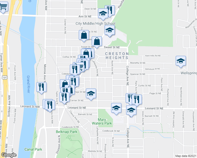 map of restaurants, bars, coffee shops, grocery stores, and more near 1400 Lafayette Avenue Northeast in Grand Rapids