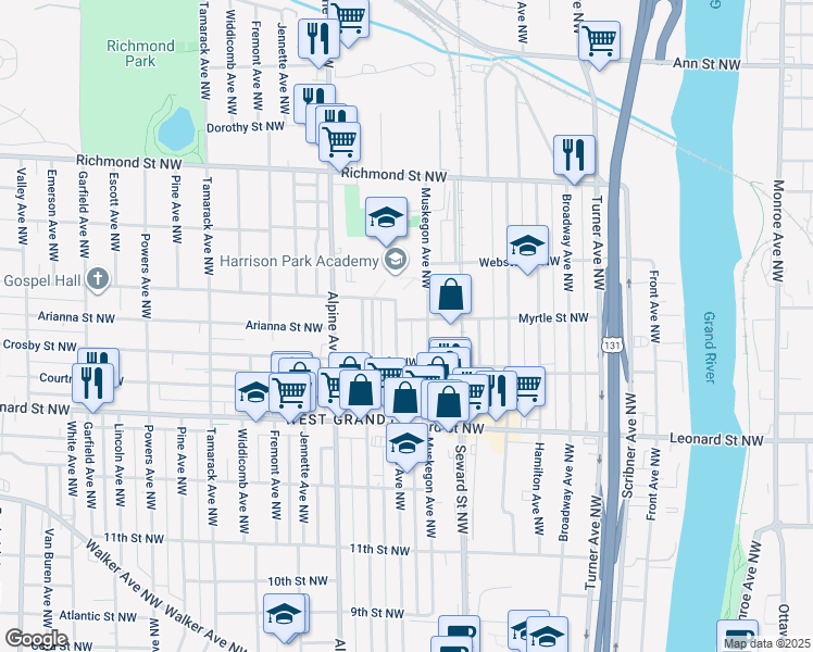 map of restaurants, bars, coffee shops, grocery stores, and more near 1351 Davis Avenue Northwest in Grand Rapids