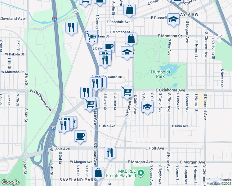 map of restaurants, bars, coffee shops, grocery stores, and more near 324 East Oklahoma Avenue in Milwaukee
