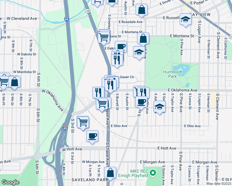 map of restaurants, bars, coffee shops, grocery stores, and more near 126 East Oklahoma Avenue in Milwaukee