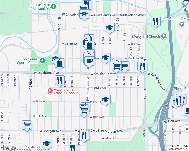 map of restaurants, bars, coffee shops, grocery stores, and more near 1114 West Oklahoma Avenue in Milwaukee