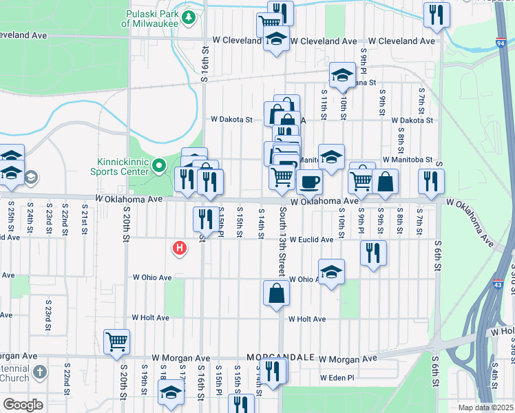 map of restaurants, bars, coffee shops, grocery stores, and more near 1336 West Oklahoma Avenue in Milwaukee