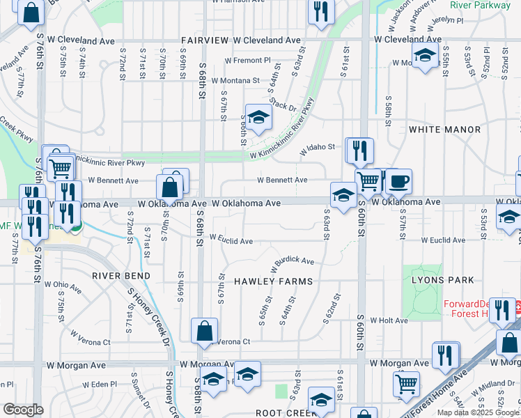 map of restaurants, bars, coffee shops, grocery stores, and more near 6518 West Oklahoma Avenue in Milwaukee
