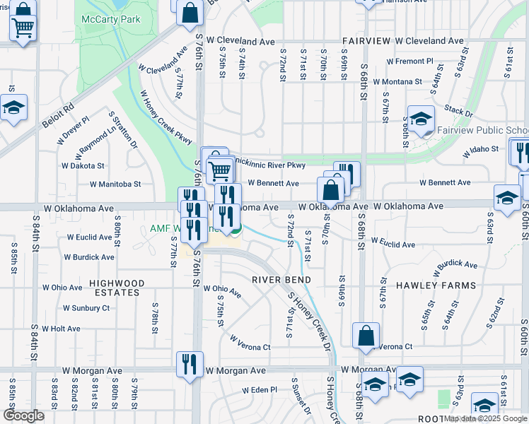 map of restaurants, bars, coffee shops, grocery stores, and more near 7250 West Oklahoma Avenue in West Allis