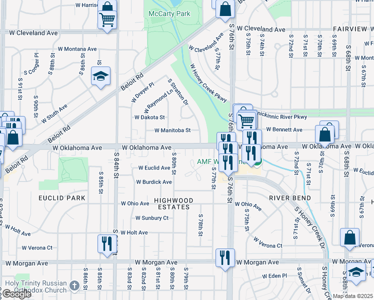 map of restaurants, bars, coffee shops, grocery stores, and more near 7814 West Oklahoma Avenue in West Allis