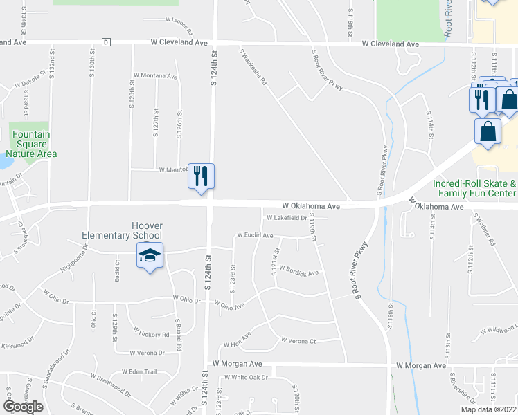 map of restaurants, bars, coffee shops, grocery stores, and more near 12134 West Oklahoma Avenue in West Allis