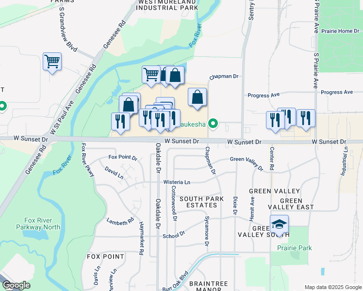 map of restaurants, bars, coffee shops, grocery stores, and more near 1139 West Sunset Drive in Waukesha