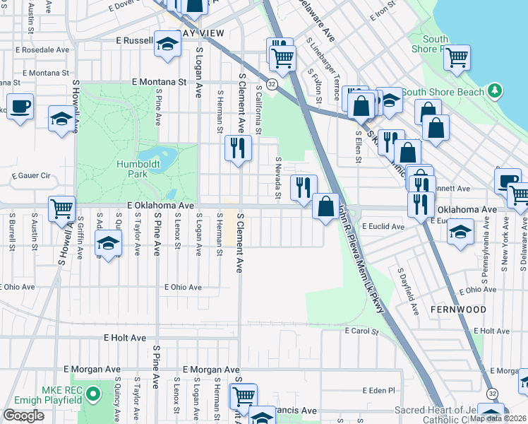 map of restaurants, bars, coffee shops, grocery stores, and more near 1320 East Oklahoma Avenue in Milwaukee