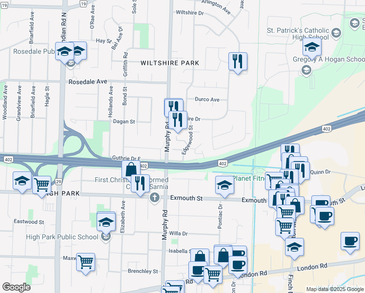 map of restaurants, bars, coffee shops, grocery stores, and more near 295 Edgewood Street in Sarnia