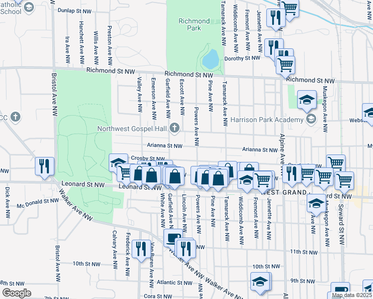map of restaurants, bars, coffee shops, grocery stores, and more near 1118 Arianna Street Northwest in Grand Rapids