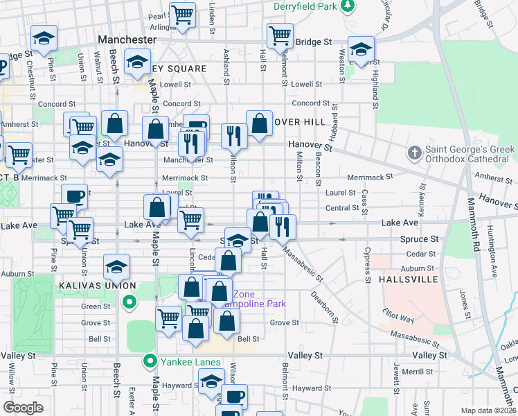map of restaurants, bars, coffee shops, grocery stores, and more near 407 Central Street in Manchester