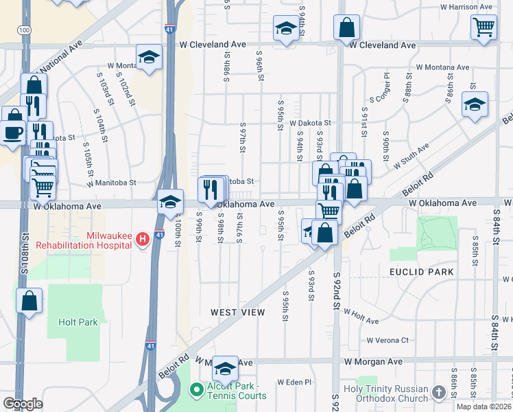 map of restaurants, bars, coffee shops, grocery stores, and more near 9532 West Oklahoma Avenue in West Allis