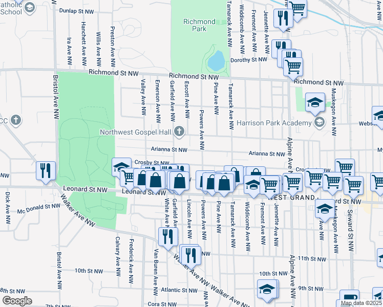 map of restaurants, bars, coffee shops, grocery stores, and more near 1118 Arianna Street Northwest in Grand Rapids