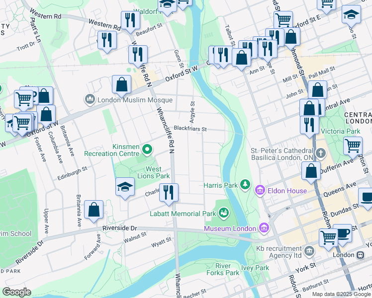 map of restaurants, bars, coffee shops, grocery stores, and more near 82 Albion Street in London