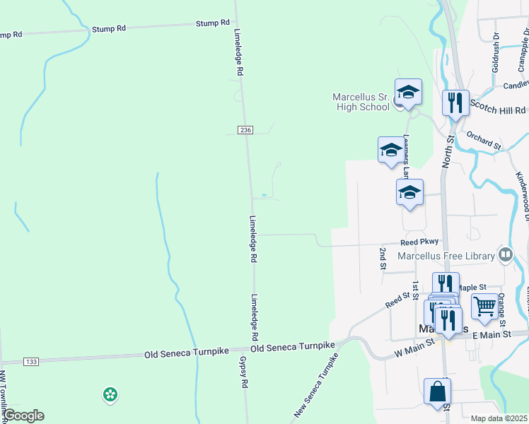 map of restaurants, bars, coffee shops, grocery stores, and more near 4480 Limeledge Road in Marcellus