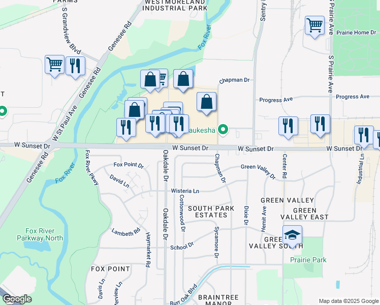 map of restaurants, bars, coffee shops, grocery stores, and more near 1139 West Sunset Drive in Waukesha