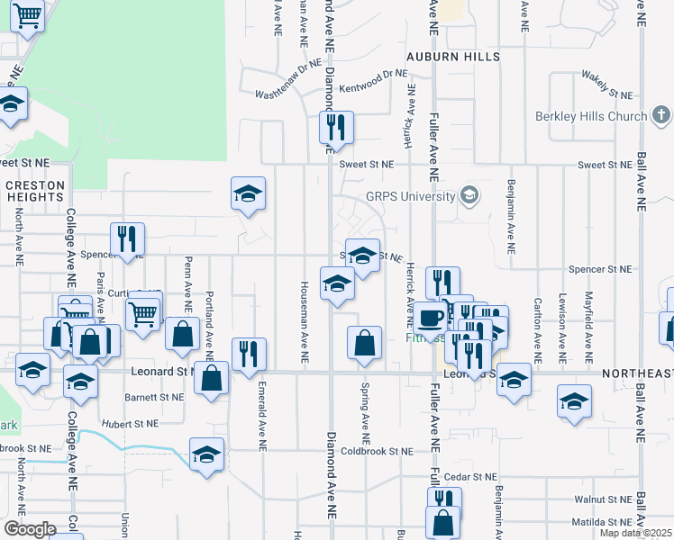 map of restaurants, bars, coffee shops, grocery stores, and more near 1360 Diamond Avenue Northeast in Grand Rapids
