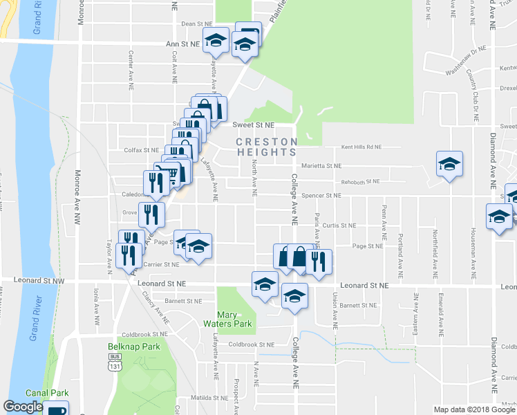 map of restaurants, bars, coffee shops, grocery stores, and more near 401 Fernando Street Northeast in Grand Rapids