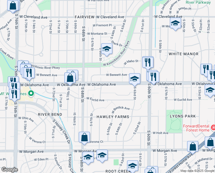 map of restaurants, bars, coffee shops, grocery stores, and more near 6518 West Oklahoma Avenue in Milwaukee