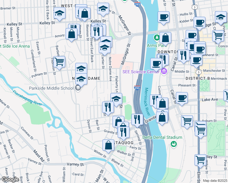 map of restaurants, bars, coffee shops, grocery stores, and more near 33 Schuyler Street in Manchester