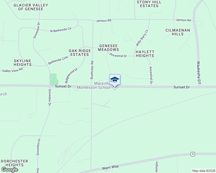 map of restaurants, bars, coffee shops, grocery stores, and more near Sunset Drive in Waukesha