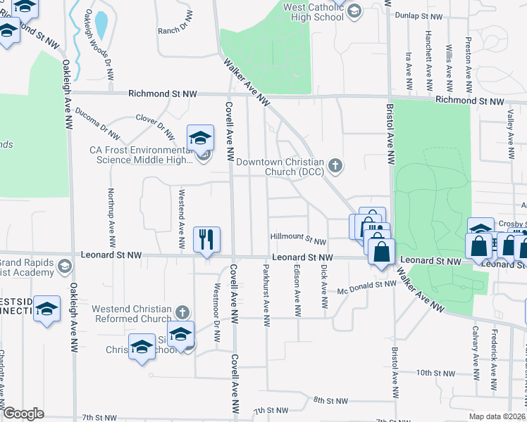 map of restaurants, bars, coffee shops, grocery stores, and more near 1309 Parkhurst Avenue Northwest in Grand Rapids