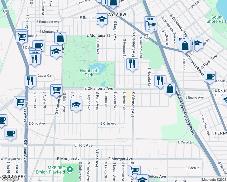 map of restaurants, bars, coffee shops, grocery stores, and more near 935 East Oklahoma Avenue in Milwaukee