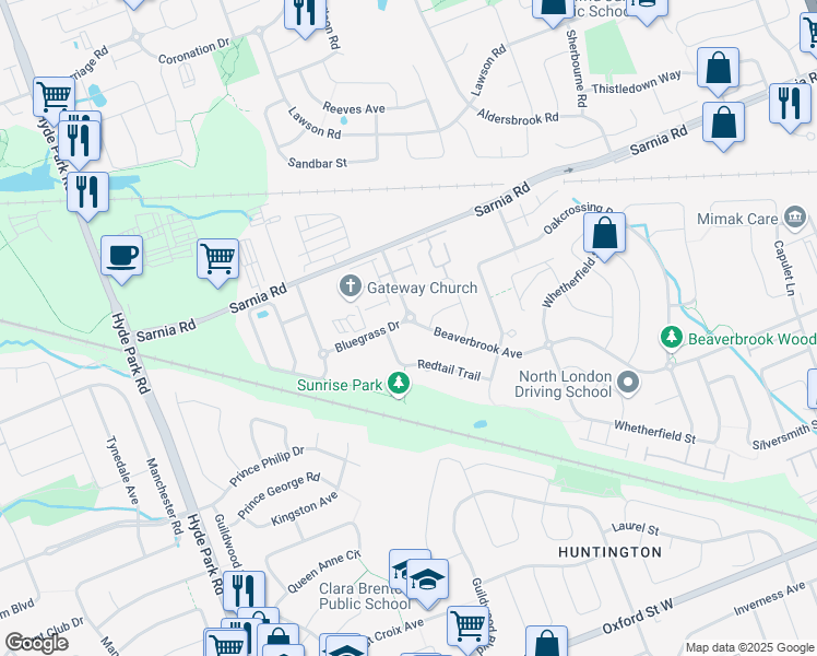 map of restaurants, bars, coffee shops, grocery stores, and more near 2016 Beaverbrook Avenue in London