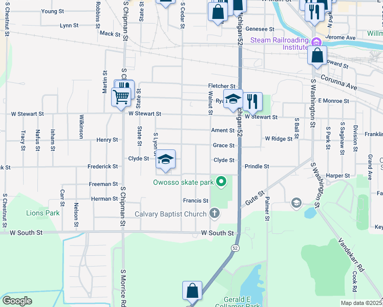 map of restaurants, bars, coffee shops, grocery stores, and more near 1005 South Cedar Street in Owosso