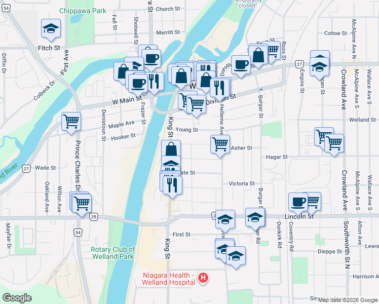 map of restaurants, bars, coffee shops, grocery stores, and more near in Welland