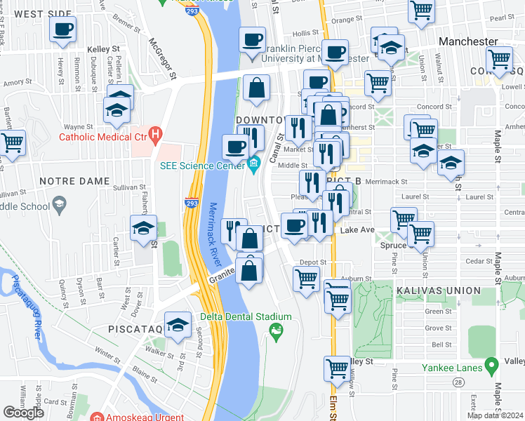 map of restaurants, bars, coffee shops, grocery stores, and more near 100 Bedford Street in Manchester