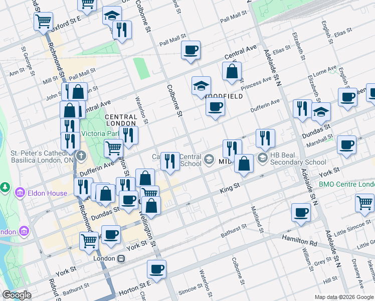map of restaurants, bars, coffee shops, grocery stores, and more near 396 Queens Avenue in London