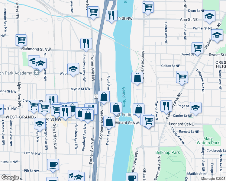 map of restaurants, bars, coffee shops, grocery stores, and more near 1348 Front Avenue Northwest in Grand Rapids