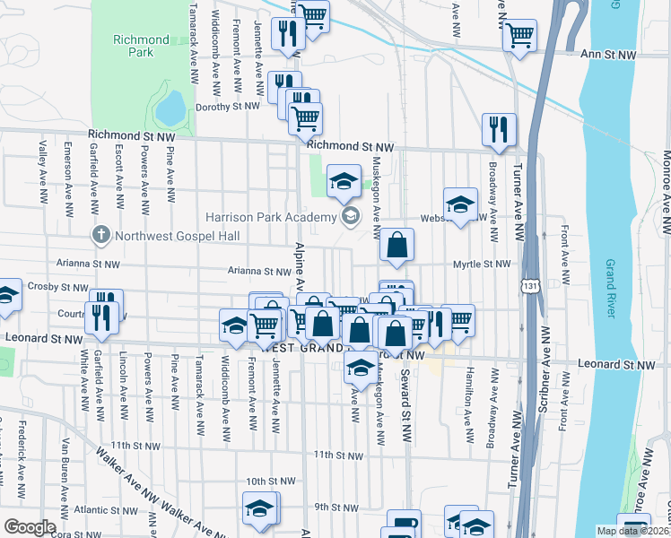 map of restaurants, bars, coffee shops, grocery stores, and more near 1340 Anderson Place Northwest in Grand Rapids