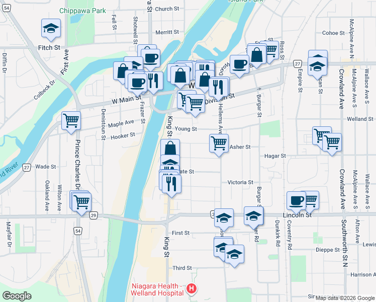 map of restaurants, bars, coffee shops, grocery stores, and more near 15 Kent Street in Welland