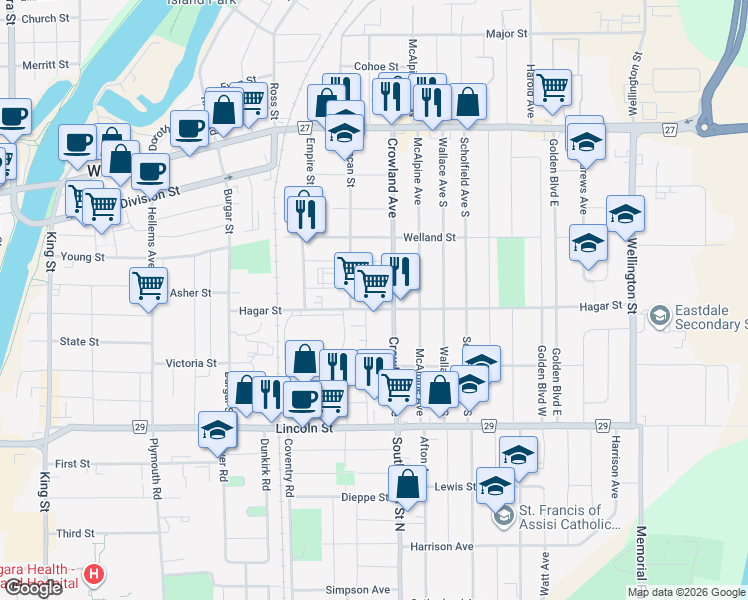 map of restaurants, bars, coffee shops, grocery stores, and more near 162 Hagar Street in Welland