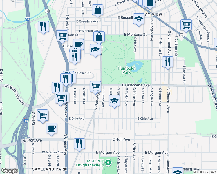 map of restaurants, bars, coffee shops, grocery stores, and more near 453 East Oklahoma Avenue in Milwaukee