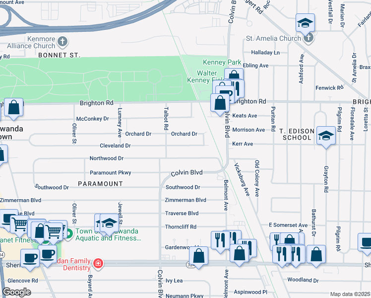 map of restaurants, bars, coffee shops, grocery stores, and more near 368 Cleveland Drive in Buffalo
